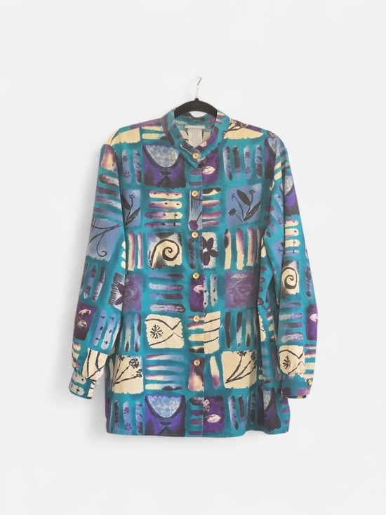 Blair Tops - Blair ( Vintage )  In EUC    Teal, Purple & Cream Patterned Button-Front Blouse